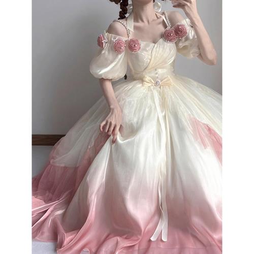 輕奢生日禮服在逃公主lolita連衣裙女漸變粉人魚姬洋裝洛麗塔裙子
