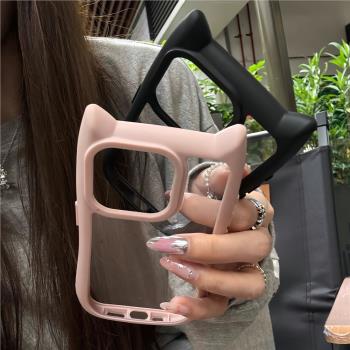 甜酷立體貓耳朵適用OPPORENO11手機殼OPPO高階感RENO11PRO可愛少女款灰粉色ins防摔透明亞克力簡約全包軟矽膠