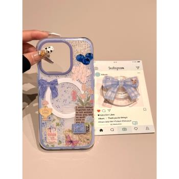 ins韓系藍底油畫蝴蝶磁吸支架適用iPhone16promax手機殼新款iPhone15promax全包14pro/創意16pro/15pro防摔13