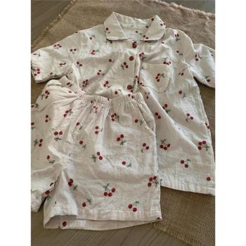 甜美少女櫻桃印花休閑短袖睡衣女夏季新款家居服短褲大碼外穿套裝