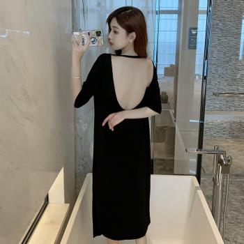 性感露背夏季女睡裙短袖莫代爾薄款純棉孕婦寬松大碼長款睡衣夏天