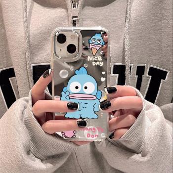 ins風可愛卡通醜魚漢頓蘋果16ProMax手機殼iPhone15PLUS鏡面14補妝鏡13少女男12保護套11高階感x情侶三麗鷗新