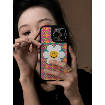千鳥格太陽花適用蘋果16promax手機殼iphone15promax新款ins風15pro磁吸14promax高階16pro格紋12可愛13全包