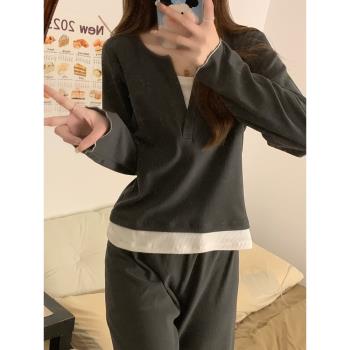 睡衣女春秋款德絨厚款冬季女士2024新款網紅風深灰假兩件上衣套裝