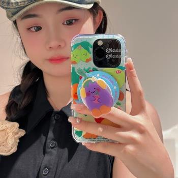 趣味茄子磁吸支架適用蘋果15PRO/16手機殼14pm/13mini可愛xs max防摔iPhone 11全包XR個性658plus矽膠SE3女12