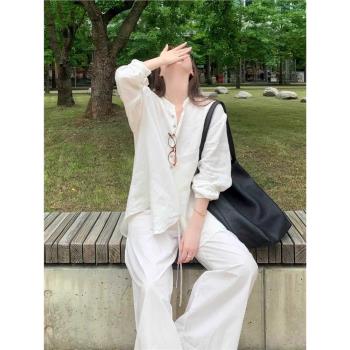 純色簡約高階棉麻長袖睡衣女夏季新款寬松家居服長褲套裝可外穿薄
