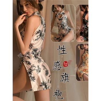 大碼旗袍睡衣復古印花改良修身網紅修身睡裙主播服睡衣可外穿