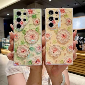 油畫花三星s25ultra手機殼全包鏡頭s24ultra保護套時尚小清新S23ultra防摔殼三星S22ultra個性女款S25+矽膠套