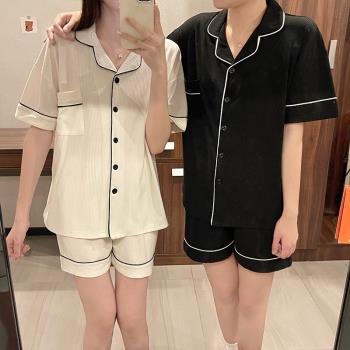 純色睡衣女夏天純棉短袖簡約男士大碼外穿套裝夏季薄款情侶家居服