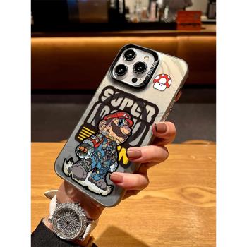 適用蘋果16promax手機殼磁吸機械馬裡奧iPhone15鐳射磨砂硬殼14plus潮牌新款12男女ip11無線充電13pro保護套
