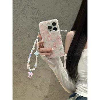 guanview ins甜妹蝴蝶結美樂蒂掛墜鏈條適用iPhone16ProMax蘋果15手機殼14卡通閃粉13雙層矽膠16Pro保護套軟