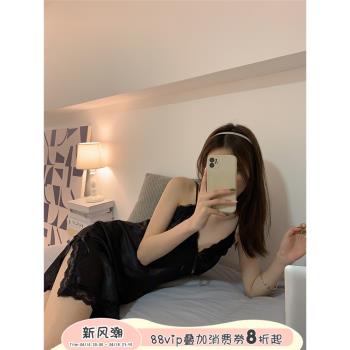 Home法式性感吊帶睡裙雪紡女蕾絲