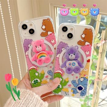 ins日韓可愛彩色小熊磁吸支架適用iphone15promax蘋果16手機殼11新款14pro少女12網紅卡通13pm軟殼防摔保護套