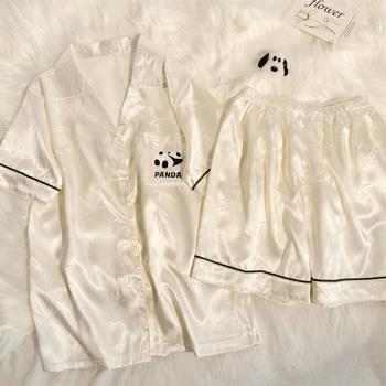 高階感熊貓冰絲睡衣女夏季薄款短袖2025年新款開衫可愛家居服套裝
