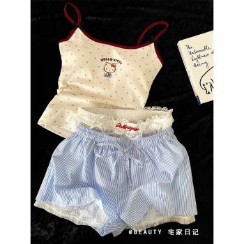 網紅風Hello Kitty甜美可愛吊帶睡衣女套裝蕾絲格子短褲居家服夏