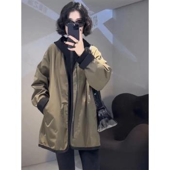 歐貨兩面穿V領風衣外套女秋冬時尚設計感拉鏈寬松中長款撞色上衣
