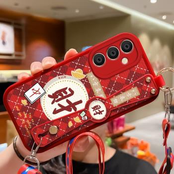 適用三星a55手機殼新款發財GalaxyA55保護套腕帶小羊皮SM-A5560高階全包女款簡約Samsung創意新款個性防摔