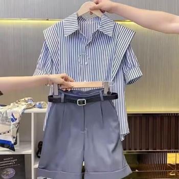 夏裝搭配港風輕熟遮肚短袖條紋襯衫套裝小洋裝高級襯衣短褲兩件套