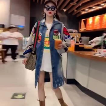 歐貨2024早秋長袖拼接卡通牛仔風衣女中長款牛仔外套女潮ins秋季