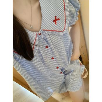 睡衣女款2024新款夏季甜美娃娃領格子寬松薄款短袖短褲家居服套裝