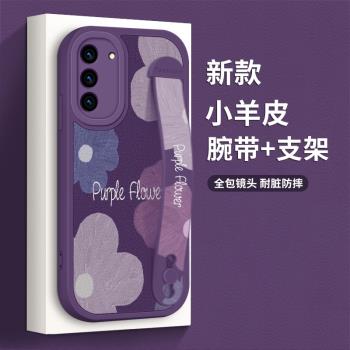 適用三星s21手機殼全包防摔s21ultra新款腕帶矽膠軟殼s21+網紅潮牌支架三星s20女款高階時尚s20ultra紫色花朵