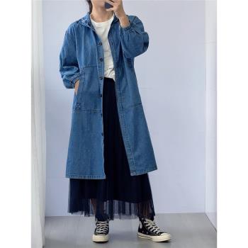 高階感女2024春秋季新款長袖復古寬松減齡休閑長款風衣牛仔外套