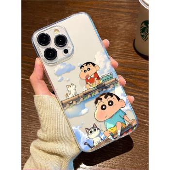 適用蘋果16手機殼蠟筆小新坐屋頂iphone15女新款14plus透明13promax卡通12mini可愛11男生xsmax矽膠8套se軟xr