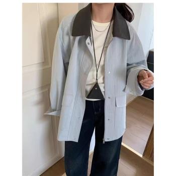 韓版翻領拼接風衣女2025春季新款高階感寬松顯瘦氣質中長款外套潮