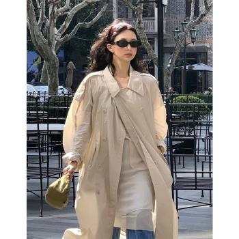 韓國輕薄款氣質風衣外套女簡約時髦雙排扣寬松中長款系帶防曬大衣