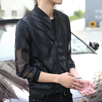 夏季透明衣服男士防曬衣男土外套潮流超薄防嗮衣韓版個性網紗上衣