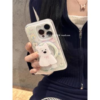 guanview ins蝴蝶結西高地寵物狗狗磁吸支架適用iPhone16promax蘋果14手機殼13新款15Pro創意12Pro可愛防摔套