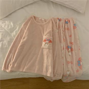 三麗鷗睡衣女秋冬款珊瑚絨加絨加厚保暖高階感可愛甜美家居服套裝