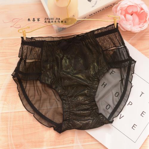 大碼網紗內褲女 性感透明鏤空中腰包臀蝴蝶結亮面蕾絲三角褲