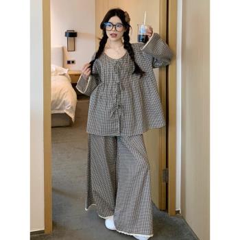 睡衣女款春秋季新款長袖韓版懶惰黑白格子闊腿褲家居服套裝小香風