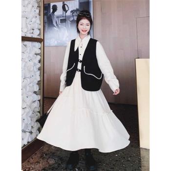 法式復古馬甲疊穿襯衫連衣裙女2025春季新款高階感小洋裝兩件套