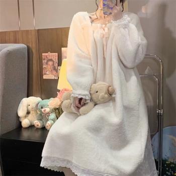 珊瑚絨睡裙女冬季加絨加厚孕婦寬松中長版春秋睡衣長袖大尺碼洋裝