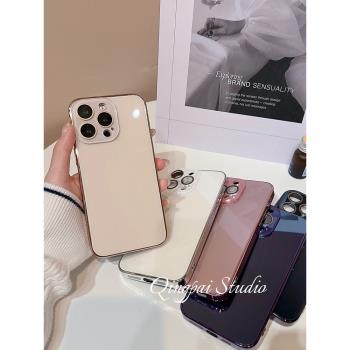輕派ins簡約純色玻璃殼適用蘋果16promax手機殼iphone13新款15pro女款14自帶鏡頭膜12高階裸機質感11全包硬殼