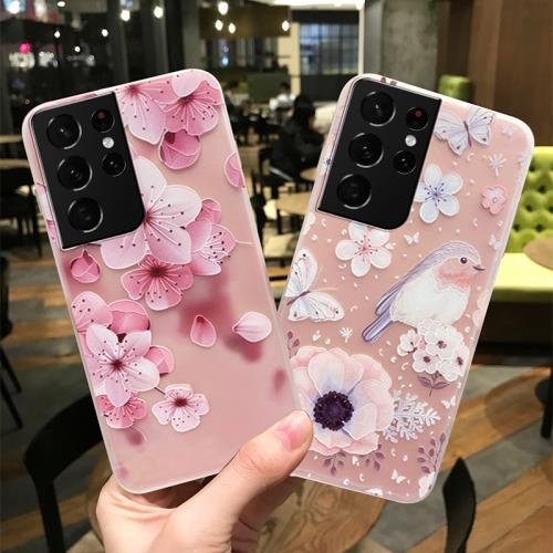 適用于三星s21+手機殼女款s21ultra磨砂透明硅膠軟殼s21u全包防摔浮雕桃花十網紅潮牌個性創意帶掛繩新款外殼