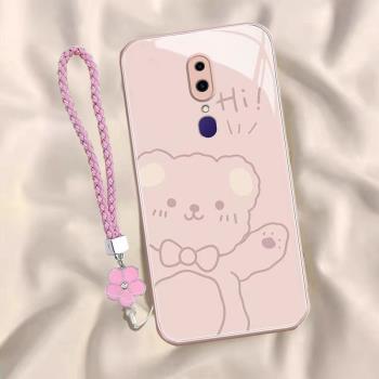 適用於OPPOA9手機殼A9x新款4G玻璃殼PCAM10液態矽膠邊鏡頭全包可愛線條熊女款簡約卡通學生個性高級感保護套