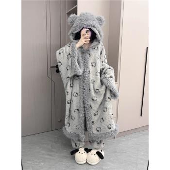 軟妹可愛少女凱蒂貓斗篷睡衣套裝秋冬加絨保暖長褲hellokitty睡袍