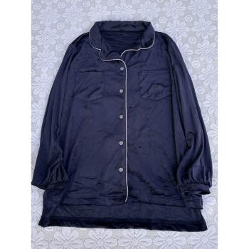 簡約日單小翻領前扣長袖家居服上衣寬松休閑女春薄絨睡衣純色5583