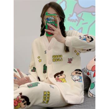 日系ins珊瑚絨睡衣女冬季加絨加厚保暖法蘭絨學生大碼家居服套裝