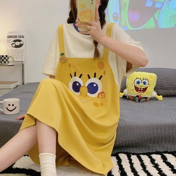 2024年新款睡衣女睡裙夏季可愛海綿寶寶短袖薄長款卡通大碼家居服