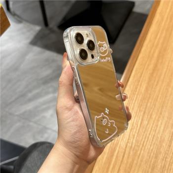 16鏡面可愛豬豬15適用蘋果14pro手機殼iphone13pro max補妝鏡12創意11女plus矽膠13簡約15pro全包防摔保護套