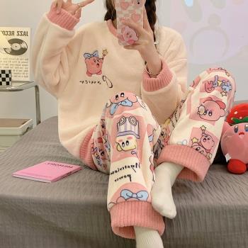 新款睡衣女款冬季法蘭絨加厚加絨保暖珊瑚絨家居服女學生冬天套裝