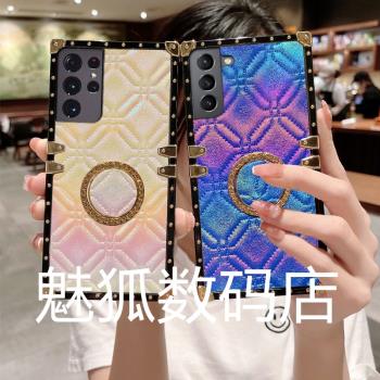 新款幻彩格紋適用於三星S21Ultra方形電鍍帶指環扣手機外殼S21FE全包四角加厚防摔S21保護套