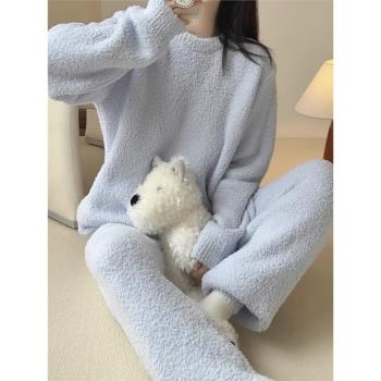睡衣女秋冬季加絨加厚純色少女軟綿綿半邊珊瑚絨可外穿家居服套裝