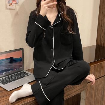 情侶睡衣女款春秋純棉長袖長褲網紅風大碼男士家居服黑色薄款套裝