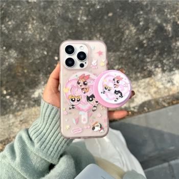 愛心塗鴉飛天小女警磁吸殼MagSafe磁吸支架適用iphone16手機殼15promax蘋果14pro保護套13卡通可愛16日系