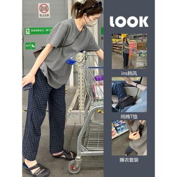 ins韓風短袖睡衣女夏天新款純棉T恤格子長褲家居服休閑套裝可外穿